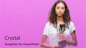  Presentation with trophy award hand holding - Presentation theme having think champion - young hispanic woman holding trophy background and a  colored foreground