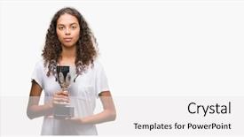  Presentation with trophy award hand holding - Cool new presentation theme with think champion - young hispanic woman holding trophy backdrop and a  colored foreground