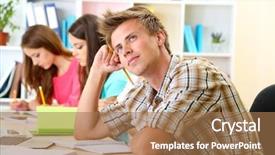  Presentation with mature students sitting at desks - Audience pleasing presentation consisting of think education - group of young students sitting backdrop and a coral colored foreground