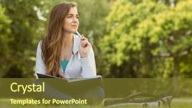  Presentation with student - PPT theme consisting of think education - thinking student sitting and holding background and a tawny brown colored foreground