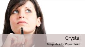  Presentation with blank whiteboard isolated on white - PPT theme featuring think reflect - attractive thoughtful businesswoman isolated background and a  colored foreground