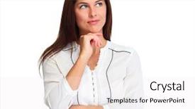  Presentation with thinking - Amazing PPT theme having think reflect - thinking woman portrait backdrop and a  colored foreground