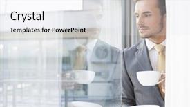  Presentation with coffee - Beautiful presentation theme featuring think reflect - thoughtful businessman having coffee backdrop and a white colored foreground