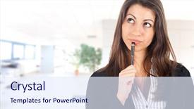  Presentation with pen - Cool new presentation design with think reflect - thoughtful businesswoman holding a pen backdrop and a sky blue colored foreground