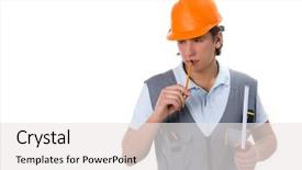  Presentation with safety construction worker in construction - Presentation having think safety hard hat - construction worker thinking isolated background and a  colored foreground