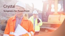  Presentation with foundation engineering construction - Colorful presentation design enhanced with think safety hard hat - engineer holding clipboard on construction backdrop and a  colored foreground