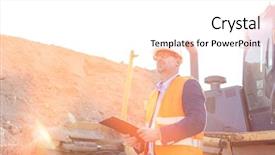  Presentation with construction site construction - Cool new theme with think safety hard hat - engineer looking away while holding backdrop and a white colored foreground