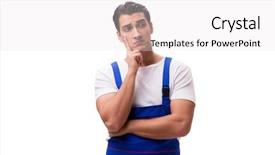  Presentation with blue - Cool new slide deck with think safety hard hat - handsome repairman wearing blue coveralls backdrop and a white colored foreground