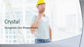  Presentation with handyman - Audience pleasing slides consisting of think safety hard hat - handyman in protective workwear holding backdrop and a sky blue colored foreground