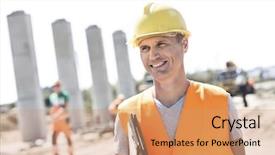  Presentation with construction site construction - Presentation theme featuring think safety hard hat - happy architect looking away while background and a coral colored foreground