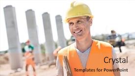  Presentation with safety construction - Presentation theme having think safety hard hat - happy architect looking away while background and a coral colored foreground