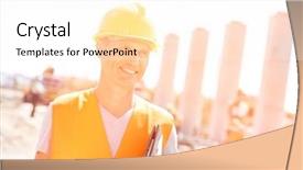  Presentation with construction site construction - Colorful slide set enhanced with think safety hard hat - happy architect looking away while backdrop and a pink colored foreground