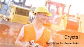  Presentation with construction site construction - Presentation design consisting of think safety hard hat - happy supervisor looking away background and a yellow colored foreground