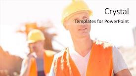  Presentation with construction site construction - Colorful slide set enhanced with think safety hard hat - male worker at construction site backdrop and a sky blue colored foreground