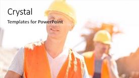  Presentation with safety construction worker in construction - Cool new PPT layouts with think safety hard hat - male worker at construction site backdrop and a  colored foreground