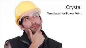 Presentation with builder - Colorful presentation theme enhanced with think safety hard hat - pensive builder backdrop and a white colored foreground