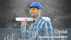  Presentation with architect - Slide set having think safety hard hat - smiling architect looking away while background and a seafoam green colored foreground