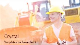  Presentation with construction site construction - Audience pleasing presentation design consisting of think safety hard hat - smiling supervisor looking away backdrop and a coral colored foreground
