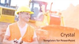  Presentation with construction site construction - Colorful presentation theme enhanced with think safety hard hat - smiling supervisor looking away backdrop and a coral colored foreground