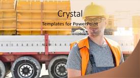  Presentation with articulated dump truck safety - Presentation theme with think safety hard hat - thoughtful architect standing against truck background and a yellow colored foreground