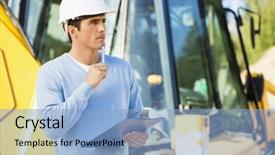  Presentation with old fashion pen rizal - Presentation design featuring think safety hard hat - thoughtful architect with clipboard background and a light blue colored foreground