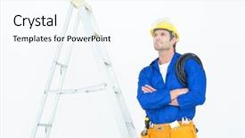  Presentation with electrician - Slides consisting of think safety hard hat - thoughtful electrician with arms crossed background and a cool aqua colored foreground