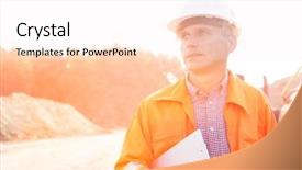  Presentation with engineering desk of civil engineer - Presentation with think safety hard hat - thoughtful engineer holding clipboard background and a sky blue colored foreground