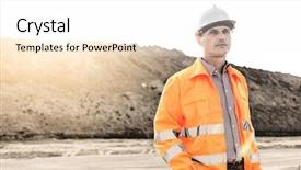  Presentation with hologram mesh human male - Presentation theme enhanced with think safety hard hat - thoughtful male supervisor looking away background and a white colored foreground