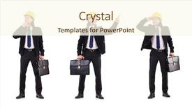  Presentation with safety construction - Colorful slide set enhanced with think safety hard hat - young construction architect isolated backdrop and a cream colored foreground