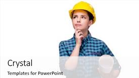  Presentation with industrial - Beautiful slide deck featuring think safety hard hat - young woman in industrial concept backdrop and a white colored foreground