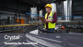  Presentation with think tank - Colorful PPT theme enhanced with think tank - factory worker with clipboard working backdrop and a gray colored foreground