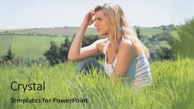  Presentation with thinking - Colorful PPT theme enhanced with think tank - pretty blonde thinking and sitting backdrop and a yellow colored foreground