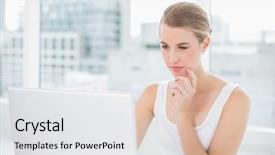  Presentation with wrong thinking - Audience pleasing PPT layouts consisting of think tank - thinking blonde in bright room backdrop and a white colored foreground