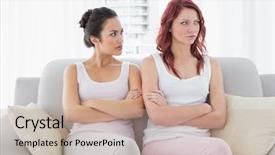  Presentation with think tank - PPT theme consisting of think tank - unhappy young female friends not background and a coral colored foreground