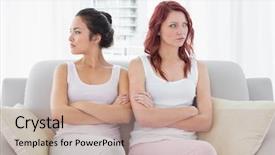  Presentation with think tank - Cool new slide set with think tank - unhappy young female friends not backdrop and a coral colored foreground