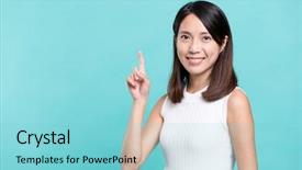  Presentation with finger - PPT theme with think tank - woman showing finger up background and a light blue colored foreground