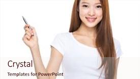  Presentation with pen and a book - Beautiful presentation featuring think tank - woman with pen up backdrop and a lemonade colored foreground