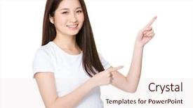  Presentation with think tank - Colorful presentation design enhanced with think tank - young woman showing two finger backdrop and a lemonade colored foreground