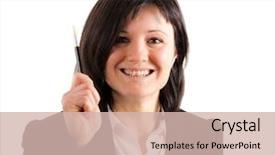 Presentation with simple idea - Amazing slides having think woman pen - businesswoman coming up backdrop and a  colored foreground