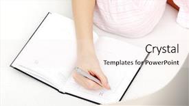  Presentation with female - Slides with think woman pen - close up of female hand background and a  colored foreground