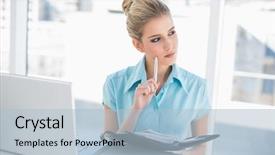 Presentation with well - Amazing PPT theme having think woman pen - thoughtful well dressed businesswoman writing backdrop and a light blue colored foreground