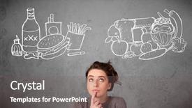  Presentation with foods - Beautiful presentation theme featuring thinker - pretty young woman choosing backdrop and a gray colored foreground