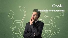  Presentation with arrows - Cool new PPT theme with thinker - young businessman with thoughtful expression backdrop and a seafoam green colored foreground
