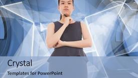  Presentation with design thinking - PPT theme featuring thinking asian businesswoman against white abstract angular design background and a light blue colored foreground