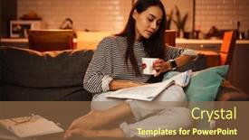  Presentation with coffee book - Amazing slide deck having thinking-beautiful-woman-drinking-coffee backdrop and a tawny brown colored foreground