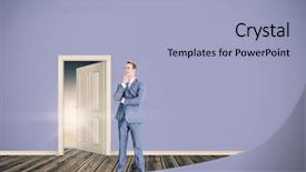  Presentation with open door - Amazing theme having thinking businessman against open door on green wall backdrop and a light blue colored foreground