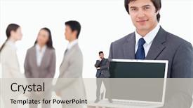  Presentation with salesman - Amazing slide set having thinking businessman against salesman showing laptop screen with colleagues behind him backdrop and a lemonade colored foreground