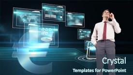  Presentation with technical - Audience pleasing presentation design consisting of thinking businessman holding glasses against euro sign on technical background backdrop and a ocean colored foreground