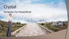  Presentation with misty - Beautiful PPT theme featuring thinking businessman holding pen against stony path leading to misty cityscape backdrop and a light blue colored foreground