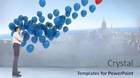  Presentation with pen - Presentation theme enhanced with thinking businessman holding pen against many colourful balloons in room with city on wall background and a light blue colored foreground